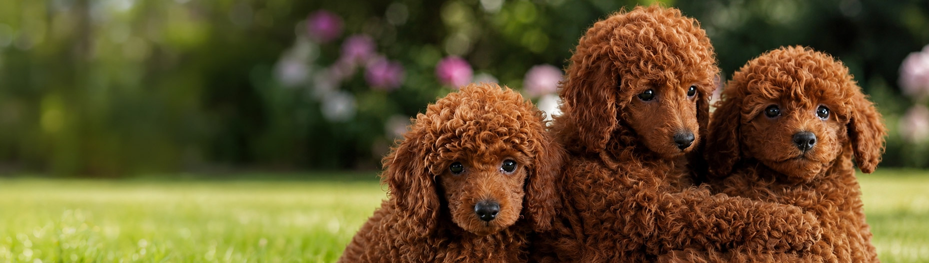 Three cuddly red poodle puppies on grass