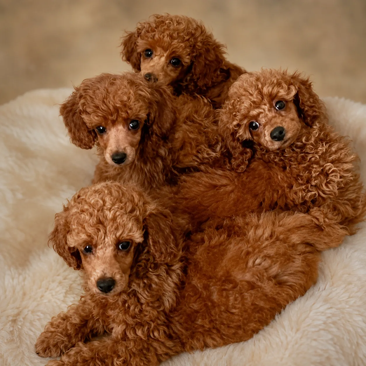 Group of red and apricot poodles