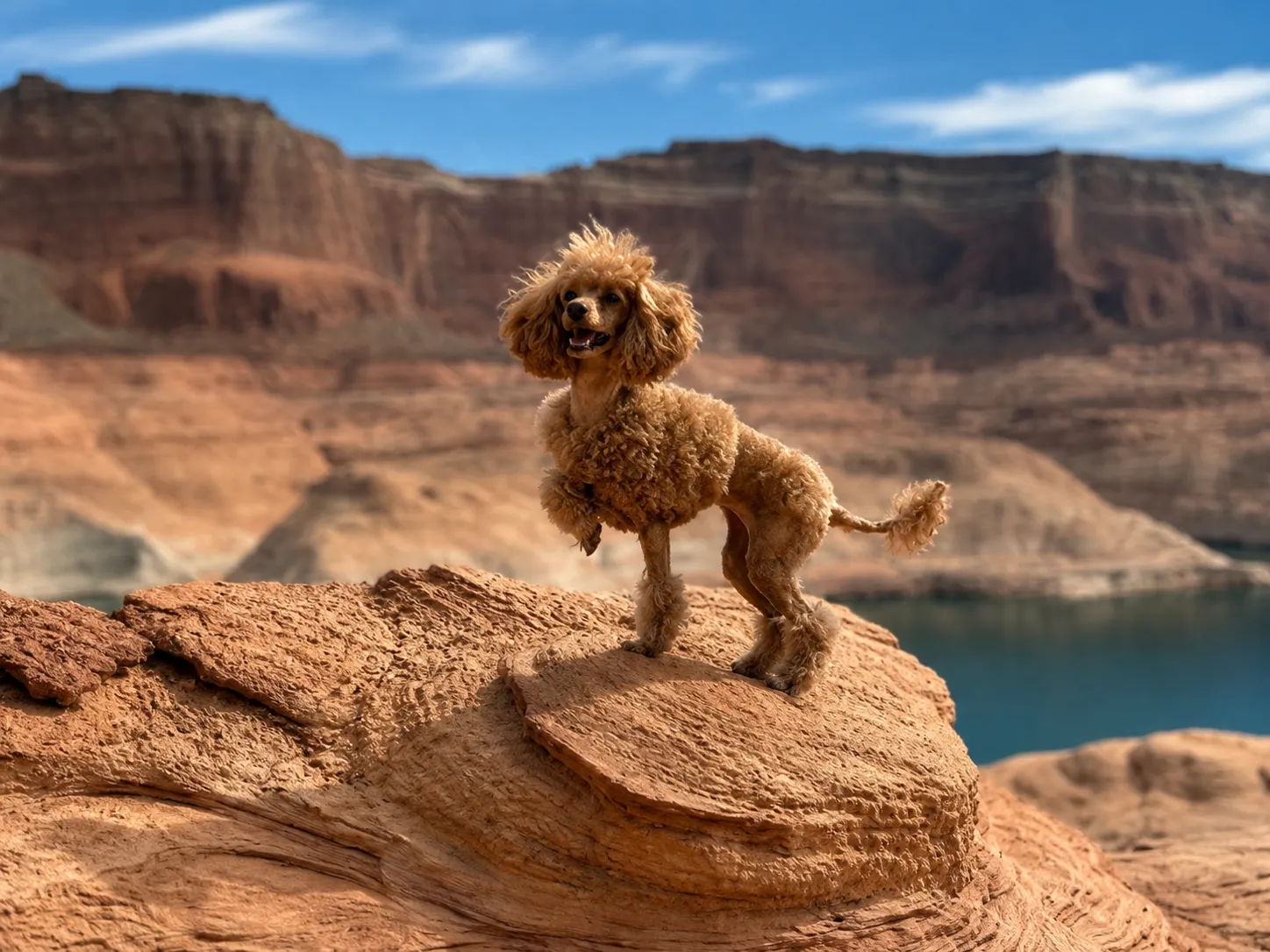 Apricot poodle standing on a rock