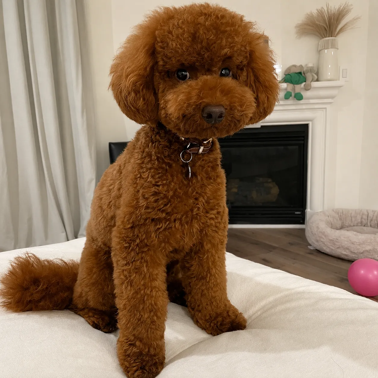 Cozy poodle by the fireplace