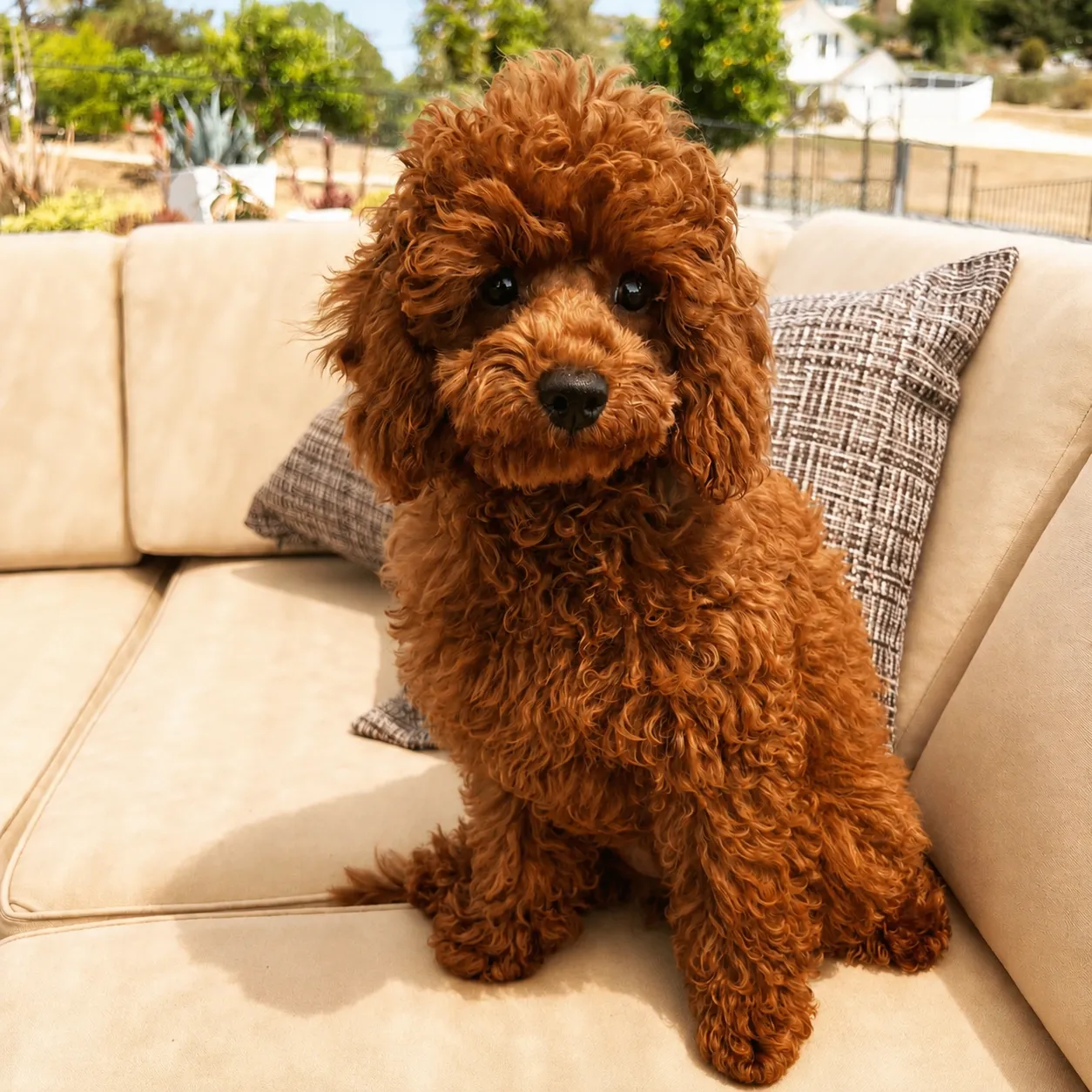 Curly poodle on a cozy patio couch